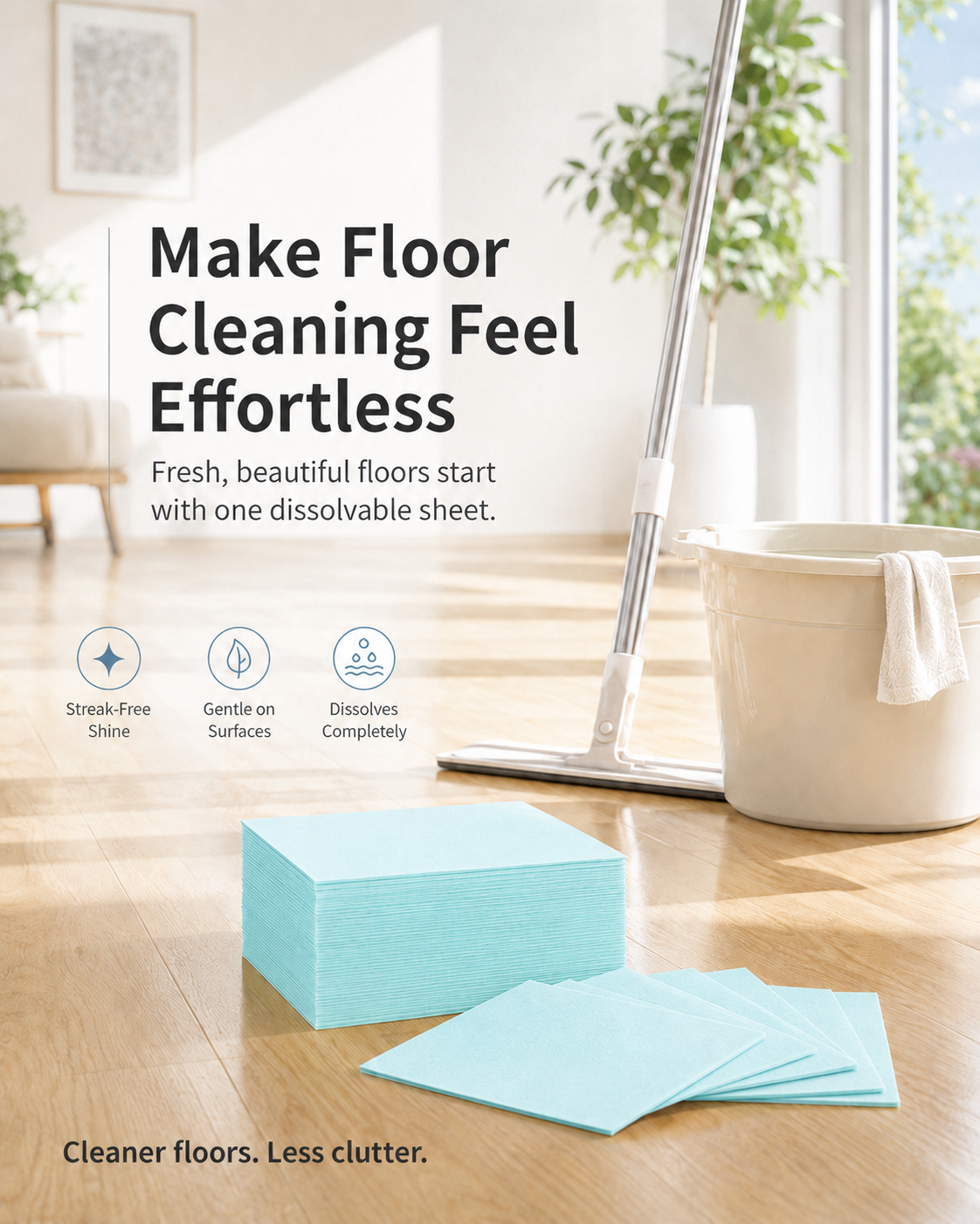 A compact, pre-measured floor cleaning sheet for busy family homes — dissolves fast, cleans everyday grime, leaves floors fresh, and saves storage space.