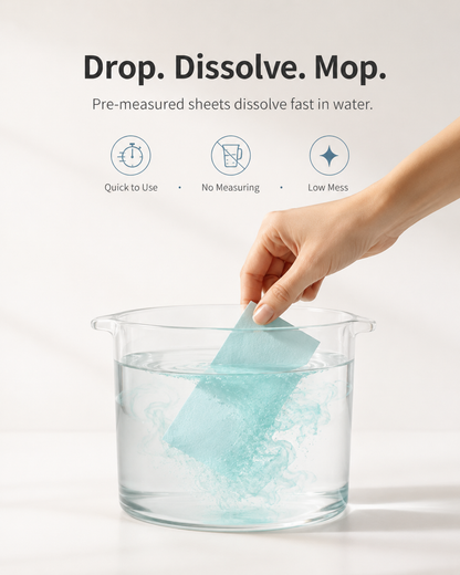 A compact, pre-measured floor cleaning sheet for busy family homes — dissolves fast, cleans everyday grime, leaves floors fresh, and saves storage space.