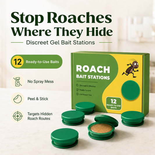 Discreet roach bait stations that attract roaches where they hide — no spray, no mess, no squeezing gel