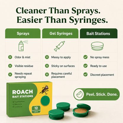 Discreet roach bait stations that attract roaches where they hide — no spray, no mess, no squeezing gel