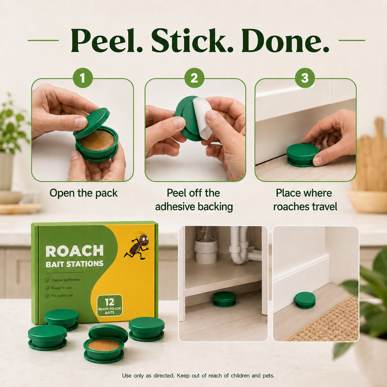 Discreet roach bait stations that attract roaches where they hide — no spray, no mess, no squeezing gel