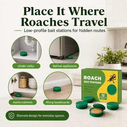 Discreet roach bait stations that attract roaches where they hide — no spray, no mess, no squeezing gel