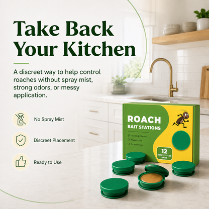 Discreet roach bait stations that attract roaches where they hide — no spray, no mess, no squeezing gel