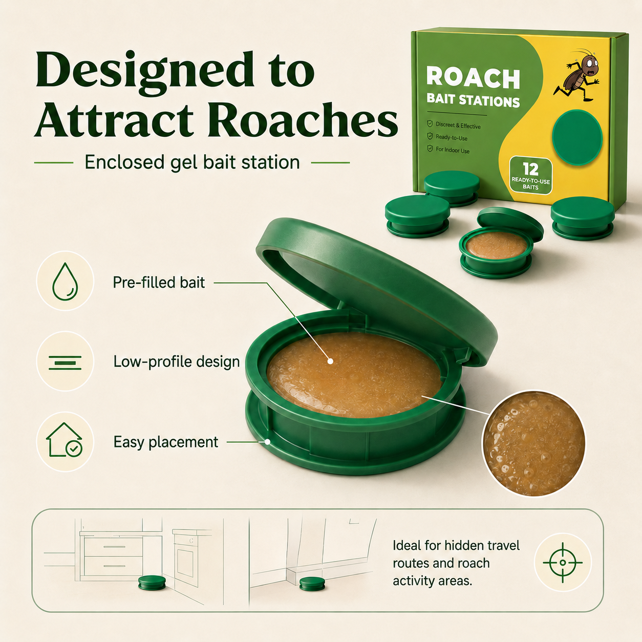 Discreet roach bait stations that attract roaches where they hide — no spray, no mess, no squeezing gel