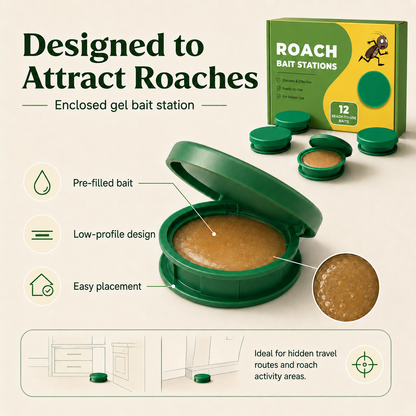 Discreet roach bait stations that attract roaches where they hide — no spray, no mess, no squeezing gel
