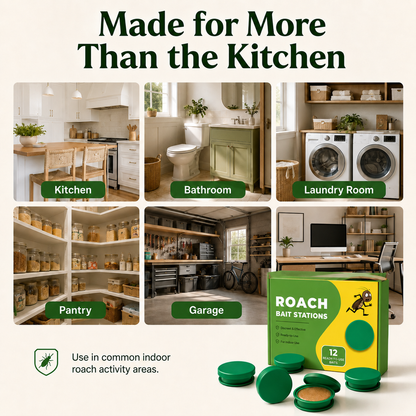 Discreet roach bait stations that attract roaches where they hide — no spray, no mess, no squeezing gel