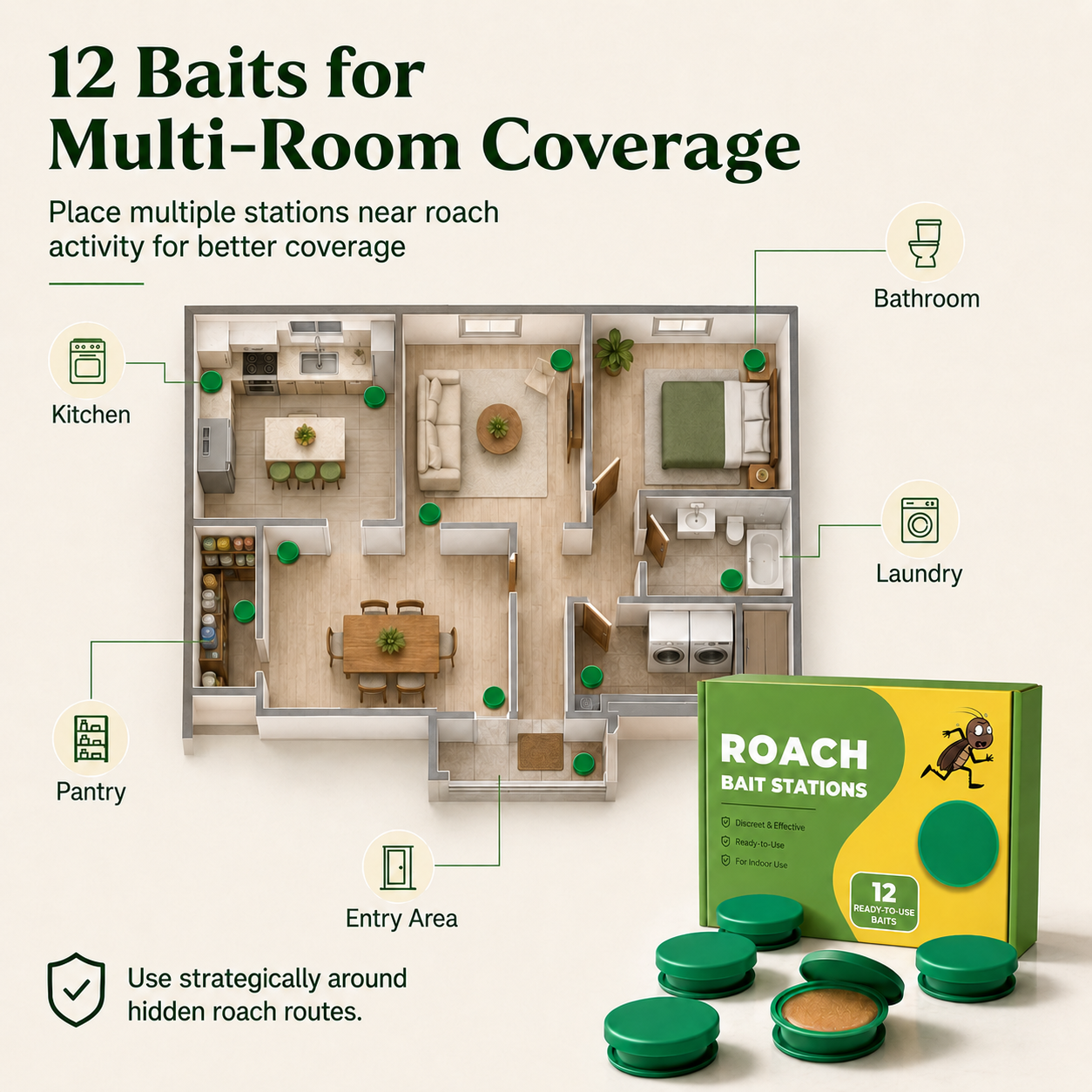 Discreet roach bait stations that attract roaches where they hide — no spray, no mess, no squeezing gel