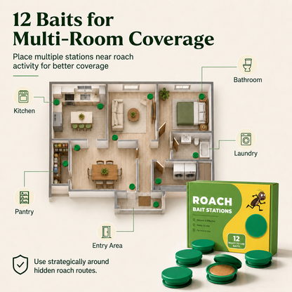 Discreet roach bait stations that attract roaches where they hide — no spray, no mess, no squeezing gel