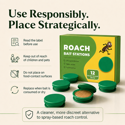 Discreet roach bait stations that attract roaches where they hide — no spray, no mess, no squeezing gel
