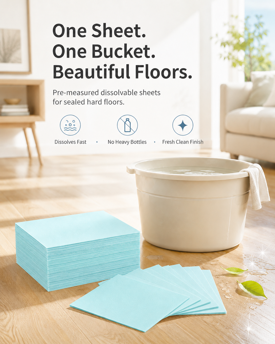 A compact, pre-measured floor cleaning sheet for busy family homes — dissolves fast, cleans everyday grime, leaves floors fresh, and saves storage space.