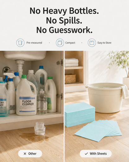 A compact, pre-measured floor cleaning sheet for busy family homes — dissolves fast, cleans everyday grime, leaves floors fresh, and saves storage space.