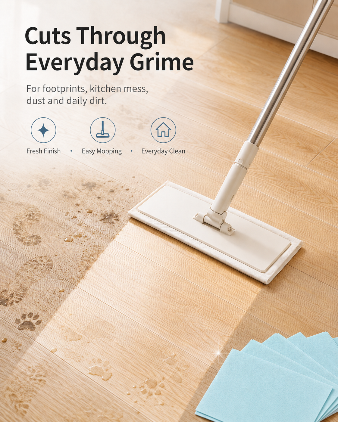 A compact, pre-measured floor cleaning sheet for busy family homes — dissolves fast, cleans everyday grime, leaves floors fresh, and saves storage space.