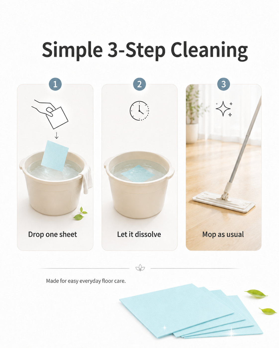 A compact, pre-measured floor cleaning sheet for busy family homes — dissolves fast, cleans everyday grime, leaves floors fresh, and saves storage space.