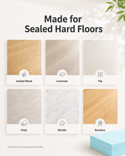 A compact, pre-measured floor cleaning sheet for busy family homes — dissolves fast, cleans everyday grime, leaves floors fresh, and saves storage space.
