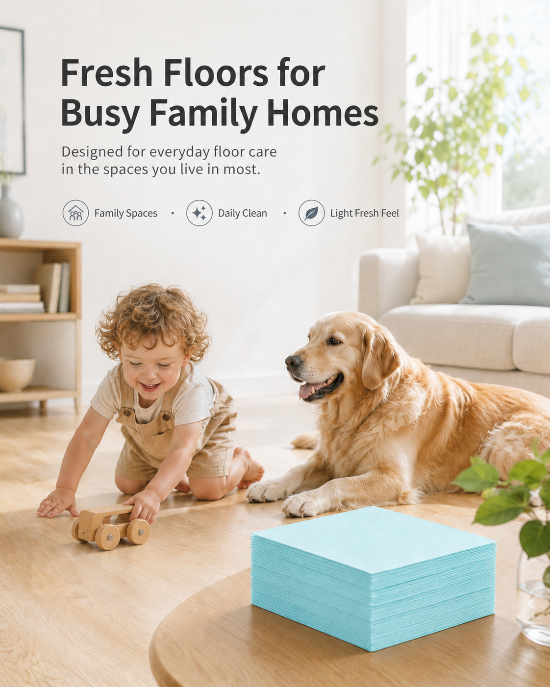 A compact, pre-measured floor cleaning sheet for busy family homes — dissolves fast, cleans everyday grime, leaves floors fresh, and saves storage space.