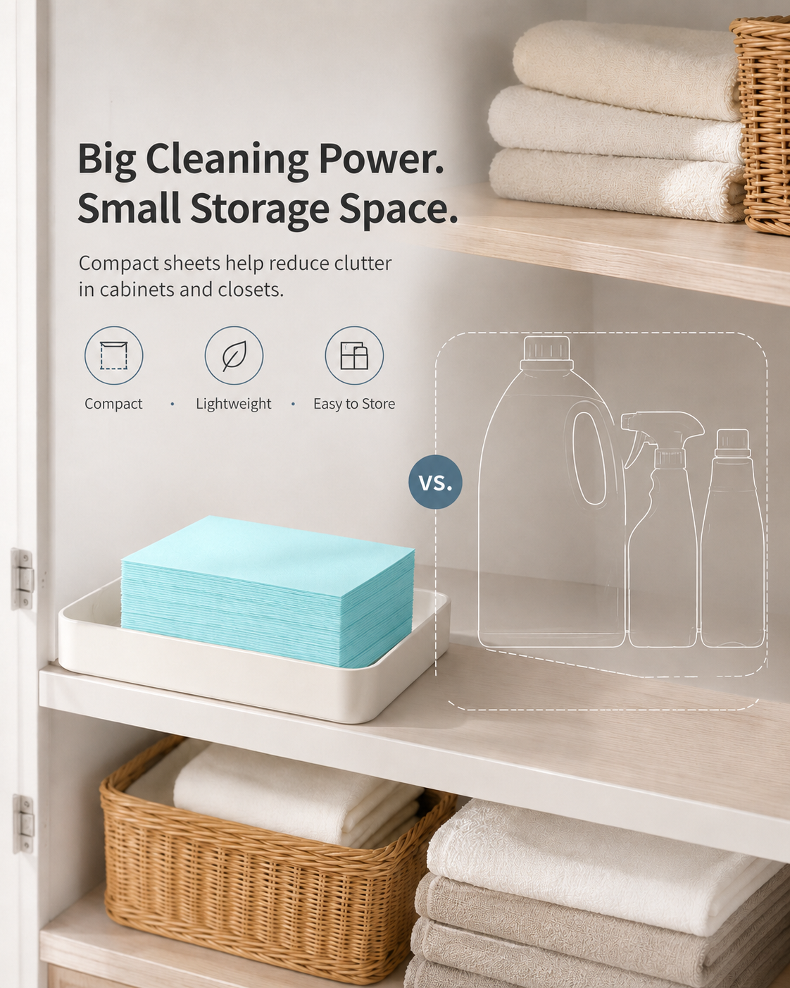 A compact, pre-measured floor cleaning sheet for busy family homes — dissolves fast, cleans everyday grime, leaves floors fresh, and saves storage space.