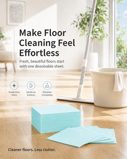 A compact, pre-measured floor cleaning sheet for busy family homes — dissolves fast, cleans everyday grime, leaves floors fresh, and saves storage space.
